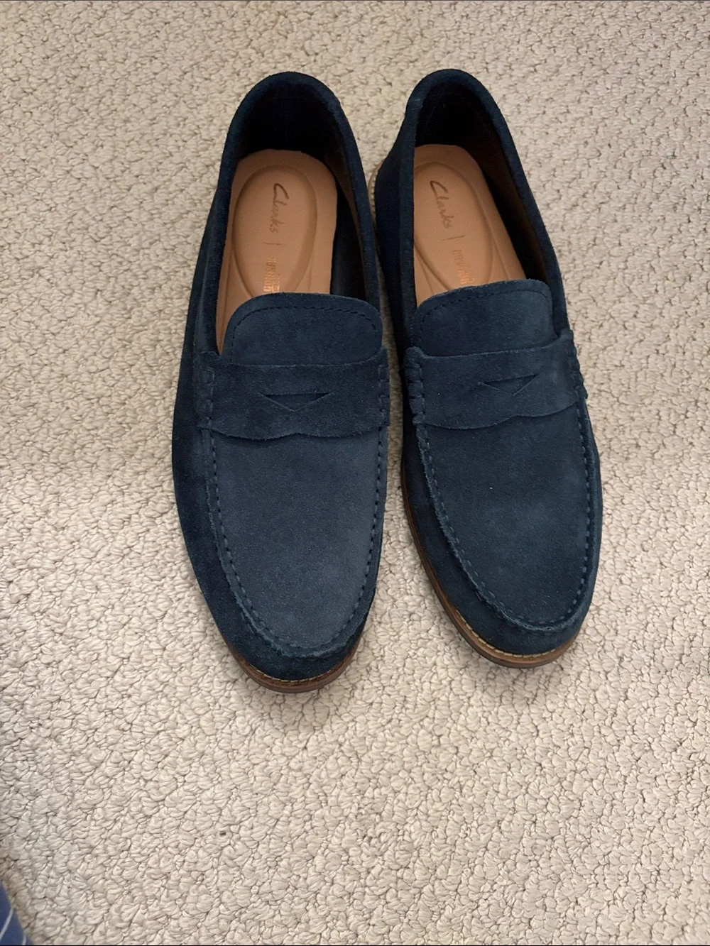 Clarks Navy Suede Slip-On Penny Loafers